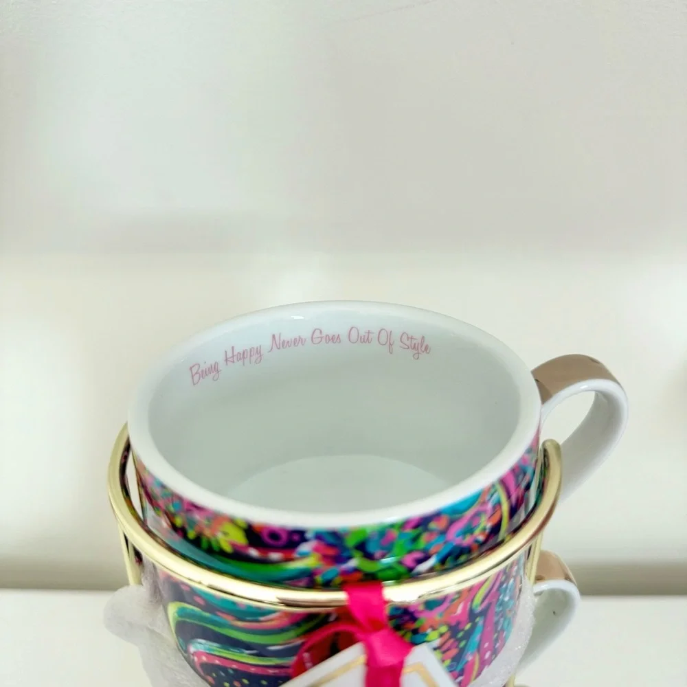 BWNT! Lilly Pulitzer Cappuccino Mug Set of 4 Stackable in Metal Gold Toned Stand - Picture 5 of 5